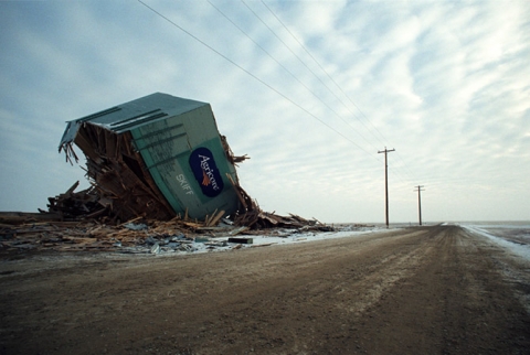 Demolished wooden grain elevator at Skiff, Alberta