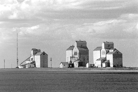 Watercolour of old grain wooden elevators at Skiff, Alberta