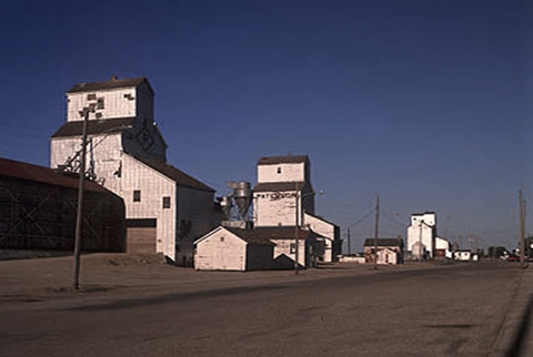 Photograph of wooden elevators at Gainsborough, Saskatchewan