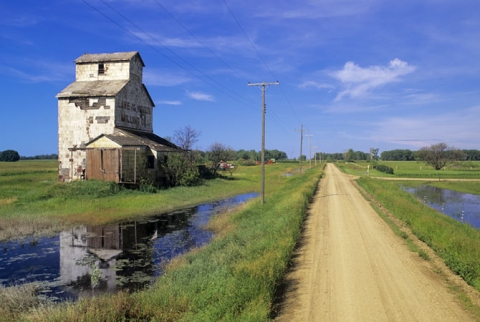 Photograph of wooden elevator at Elva, Manitoba.