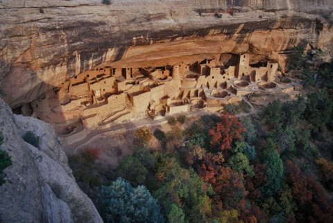 Mesa Verdie cliff dwellings at sunset