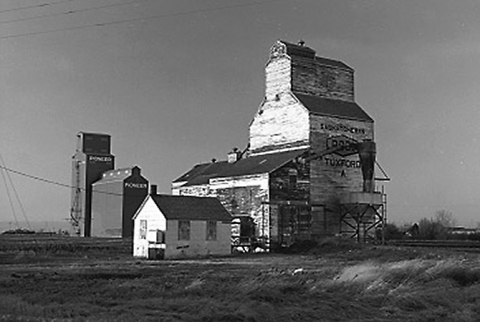 Wooden grain elevators at Tuxford, Saskatchewan