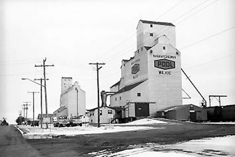 Image of wooden grain elevators from Wilkie, Saskatchewan