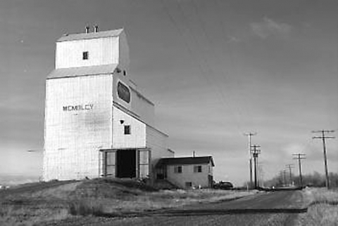 Photograph of wooden grain elevator at Wembley Alberta