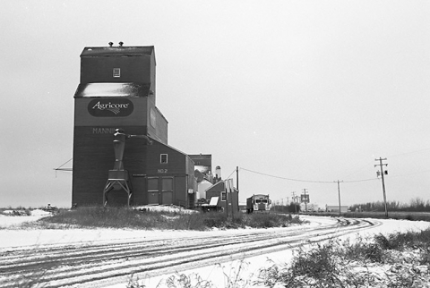 Photograph of wooden grain elevators at Manning, Alberta