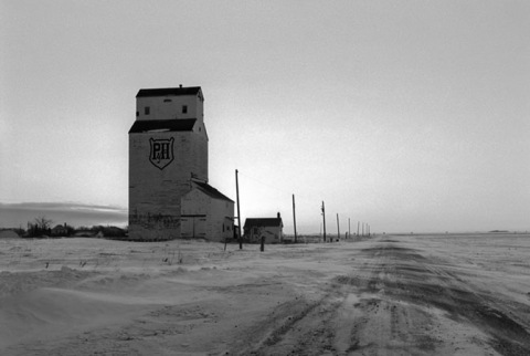 P&H Wooden grain elevator at Lewvan, Saskatchewan, "First Light in February"