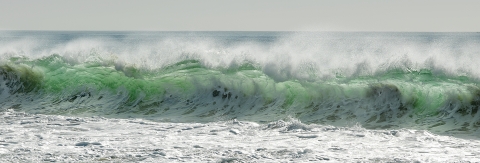 Sunlight shining through foaming waves