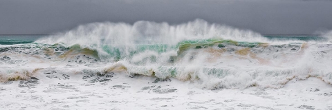 Ocean waves, stormy seascapes, sandy beaches, blues and greens , foam and wave spray,  rolling waves, see through waves, black storm clouds, hurricane Baja waves, Mexican seascapes.