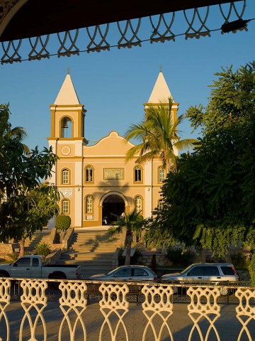 Catholic church seen from the gazebo in San Jose del Cabo, Baja, Mexico