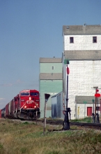  Wooden grain elevators and locomotive at Stirling, Alberta