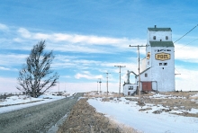 Watercolour of old grain wooden elevator at Webb, Saskatchewan