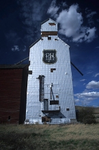 P&H logo on Sharples wooden grain elevator, Alberta