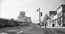 Street scene with wooden grain elevators in Ponoka, Alberta