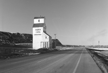 photograph of wooden grain elevator at Kirkpatrick, Alberta