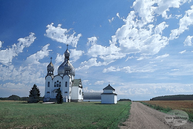 Watercolour print of St Julien orthodox church, Saskatchewan