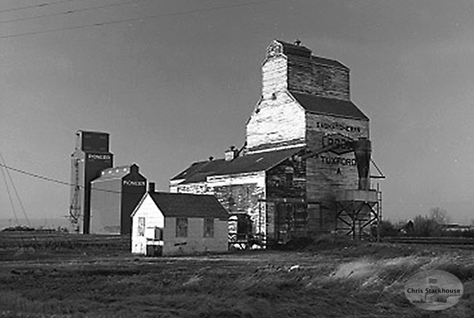 Wooden grain elevators at Tuxford, Saskatchewan