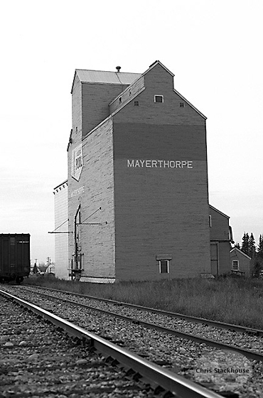 Photograph of wooden grain elevator at Mayerthorpe, Alberta
